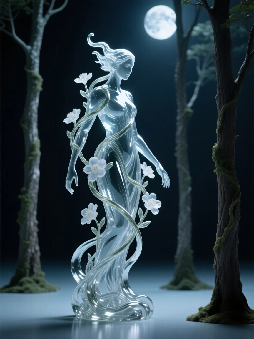 As moonlight spills across a field of glowing flowers, a forest spirit made of vines and blossoms standing among the trees
