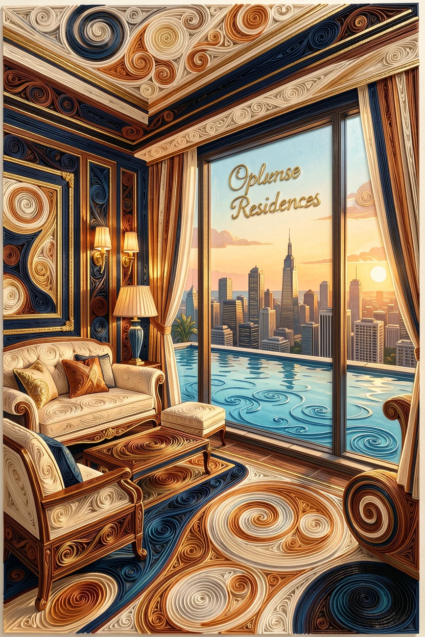 A sophisticated luxury scene of an opulent hotel suite with sweeping city views beside an infinity pool at golden hour, with a subtle metallic gold shimmer, framed with a clean, minimal, high-end aesthetic.