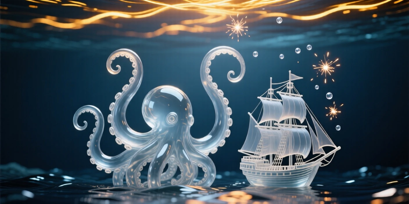 A kraken rising from the depths beside a small ship beneath a sky split by streaks of golden light, while sparks drift upward into the night air