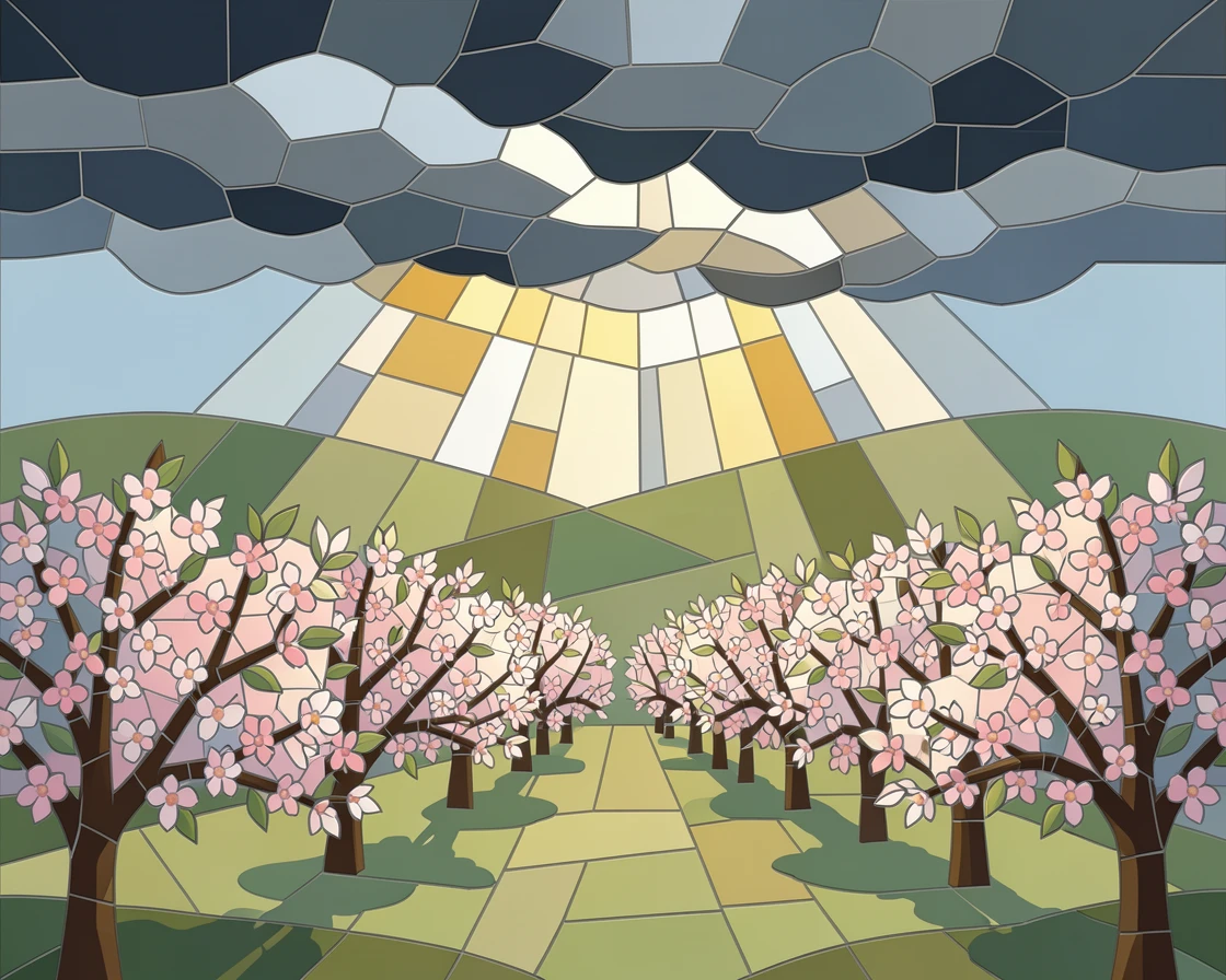 A peaceful orchard in full blossom with soft pink and white petals, framed by distant storm clouds and a break of sunlight.