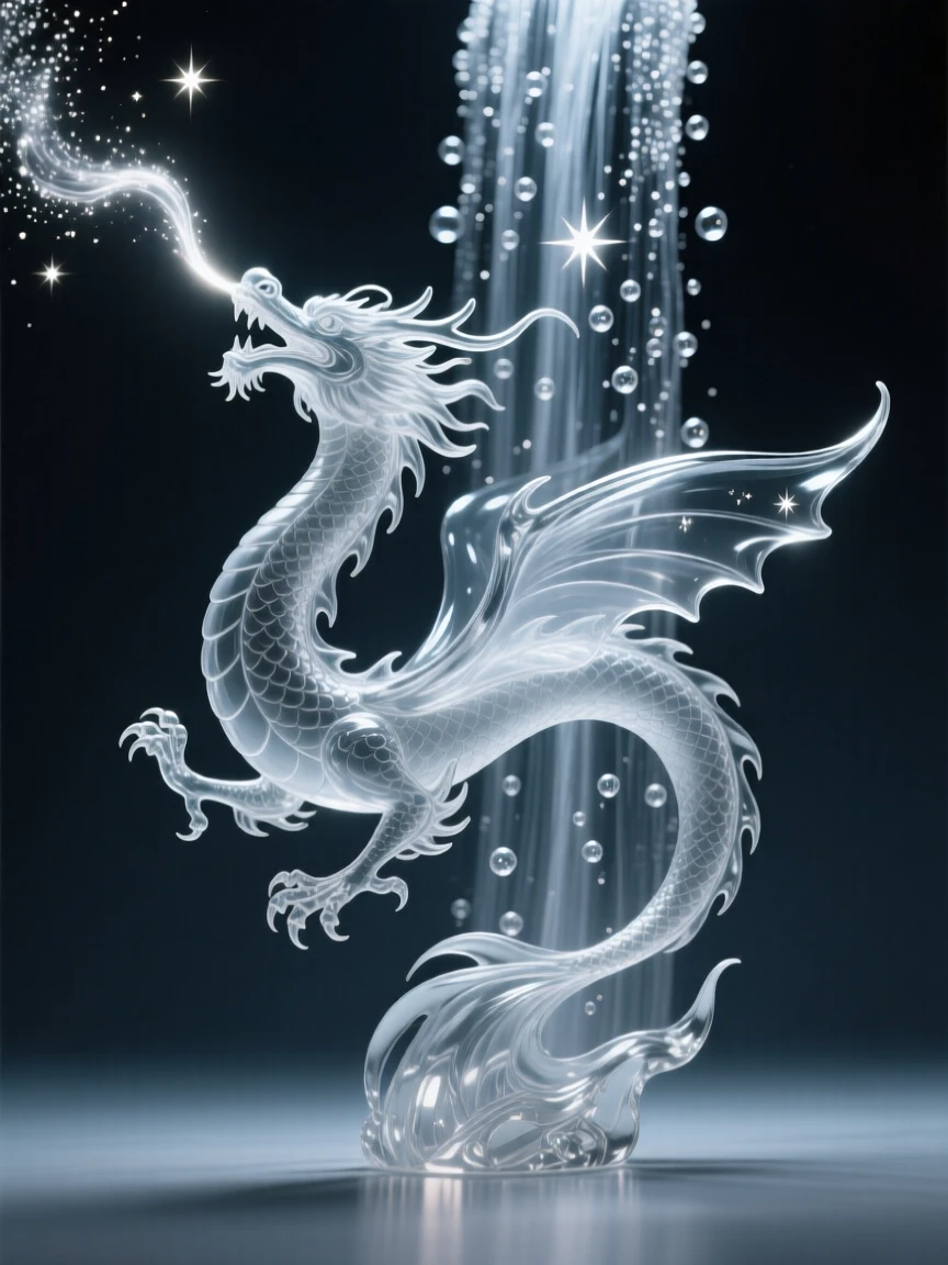 A dragon breathing a gentle stream of light into the night sky as a waterfall of stardust cascades in the background, while the wind carries a faint, otherworldly song