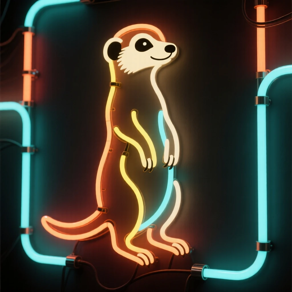 a curious meerkat standing on hind legs in a quiet backyard garden.
