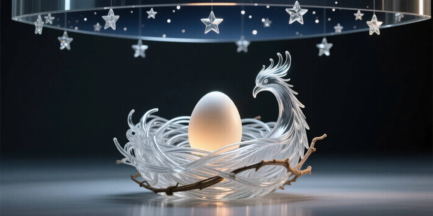 A phoenix nest cradling a single glowing egg beneath a canopy of stars scattered across the night