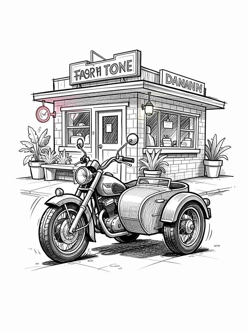 A vintage motorcycle with a sidecar parked outside a small town diner.