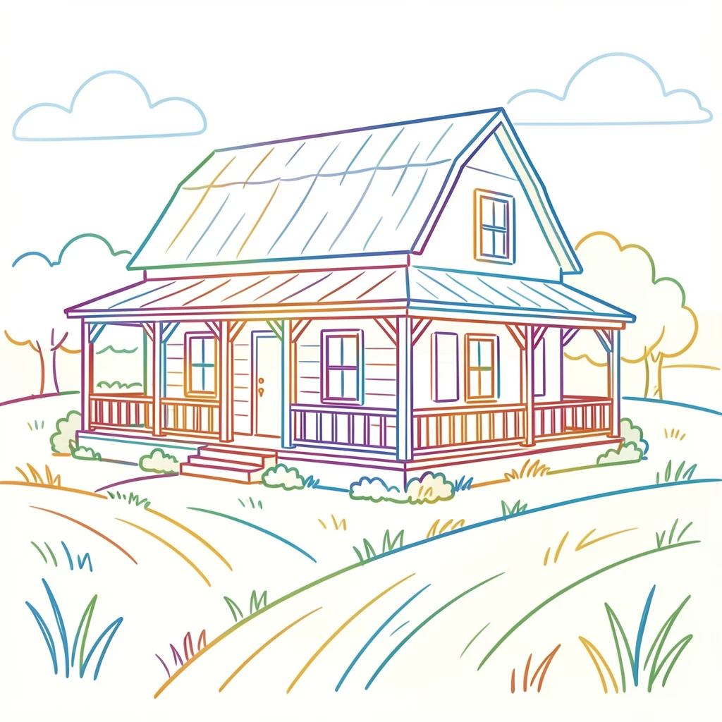 A rustic farmhouse with a wraparound porch surrounded by fields.