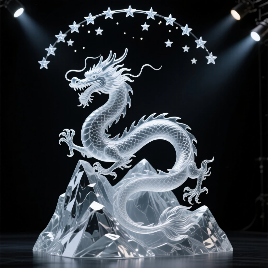 A dragon coiled along the spine of a mountain ridge, beneath a canopy of stars scattered across the night