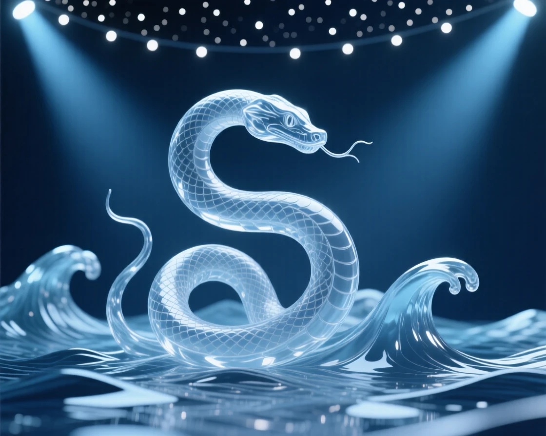 A sea serpent coiling gracefully through ocean waves beneath a canopy of stars scattered across the night