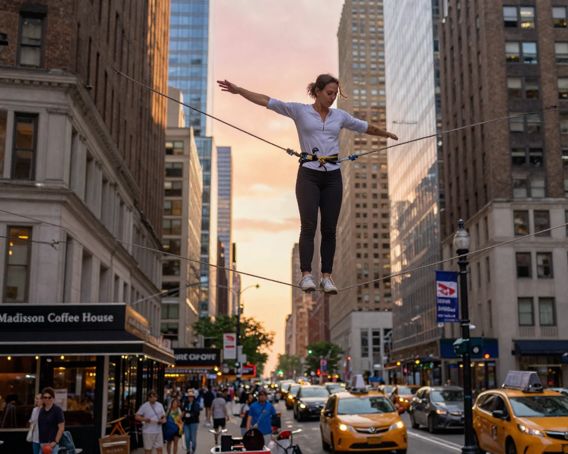 A tightrope walker balancing high above a city street