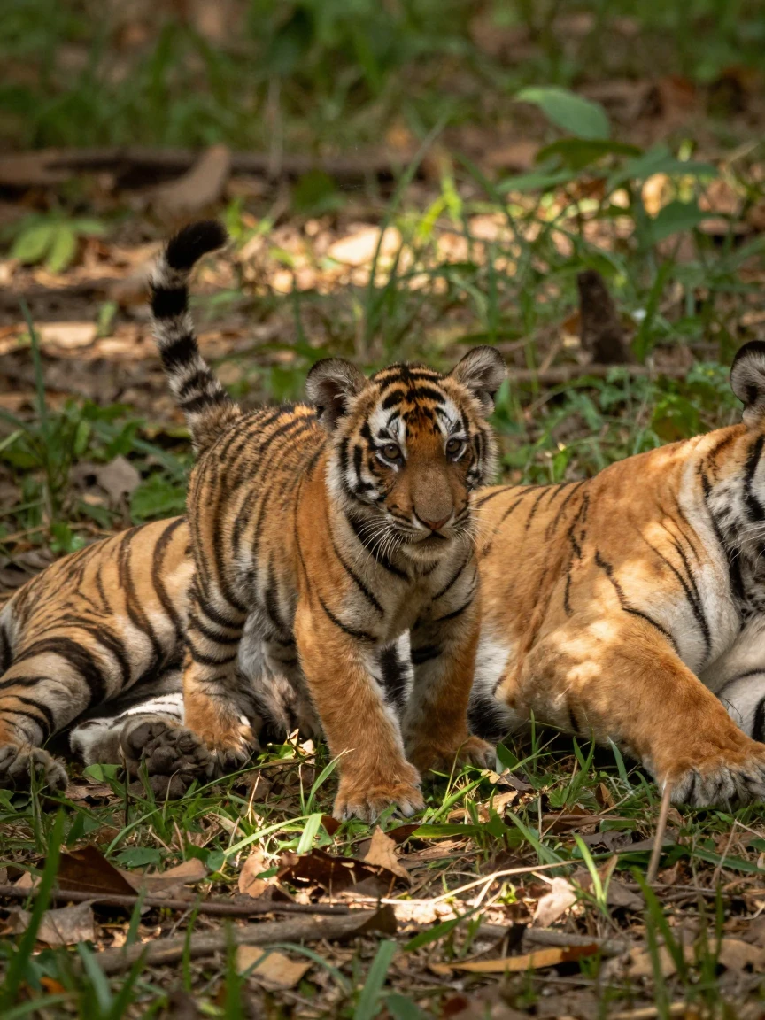 A tiger cub pounces clumsily on its mother's twitching tail.