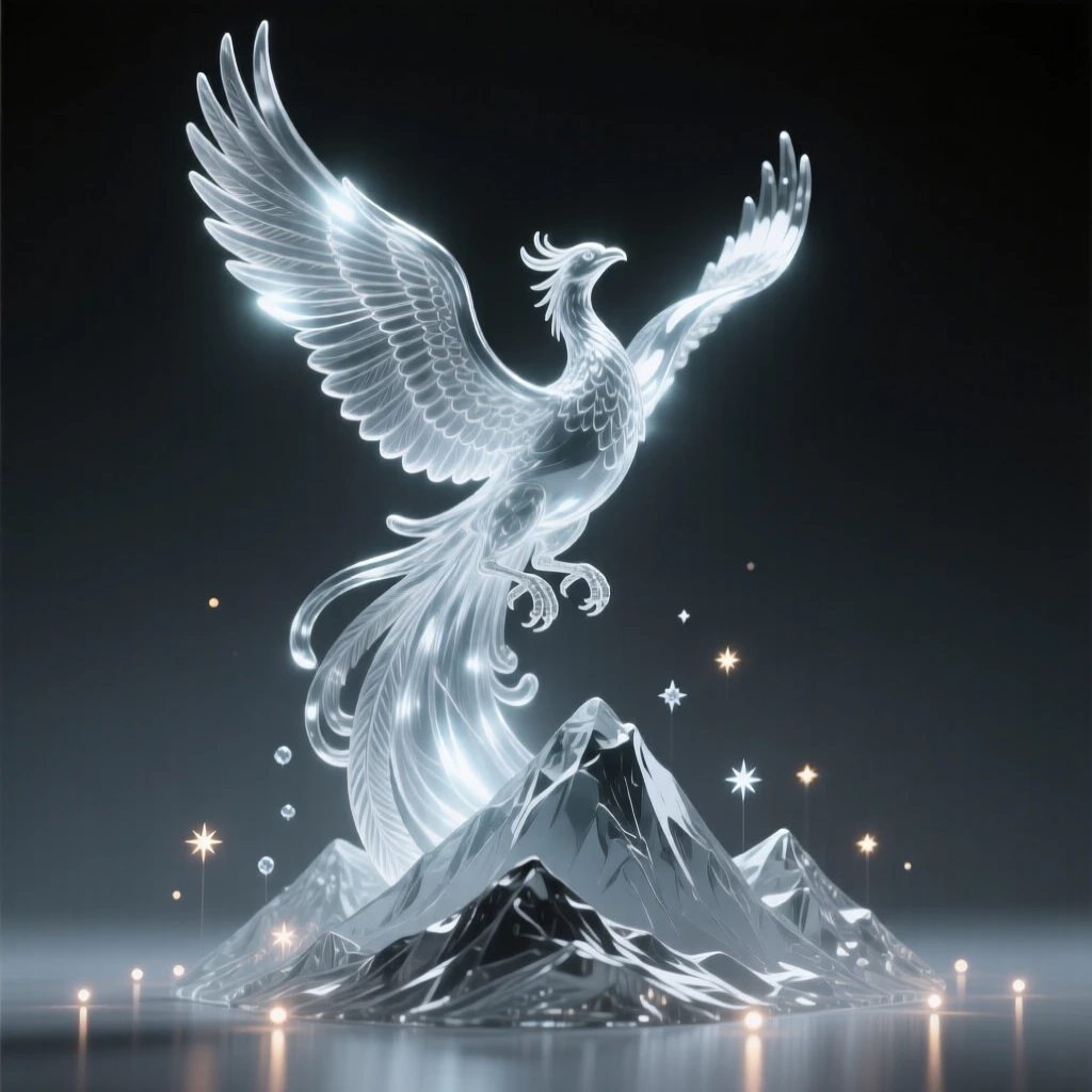A phoenix rising above a mountain range in a burst of light while distant lights flicker like scattered stars