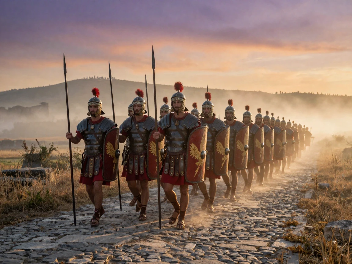 A Roman legion marching in formation along an ancient stone road