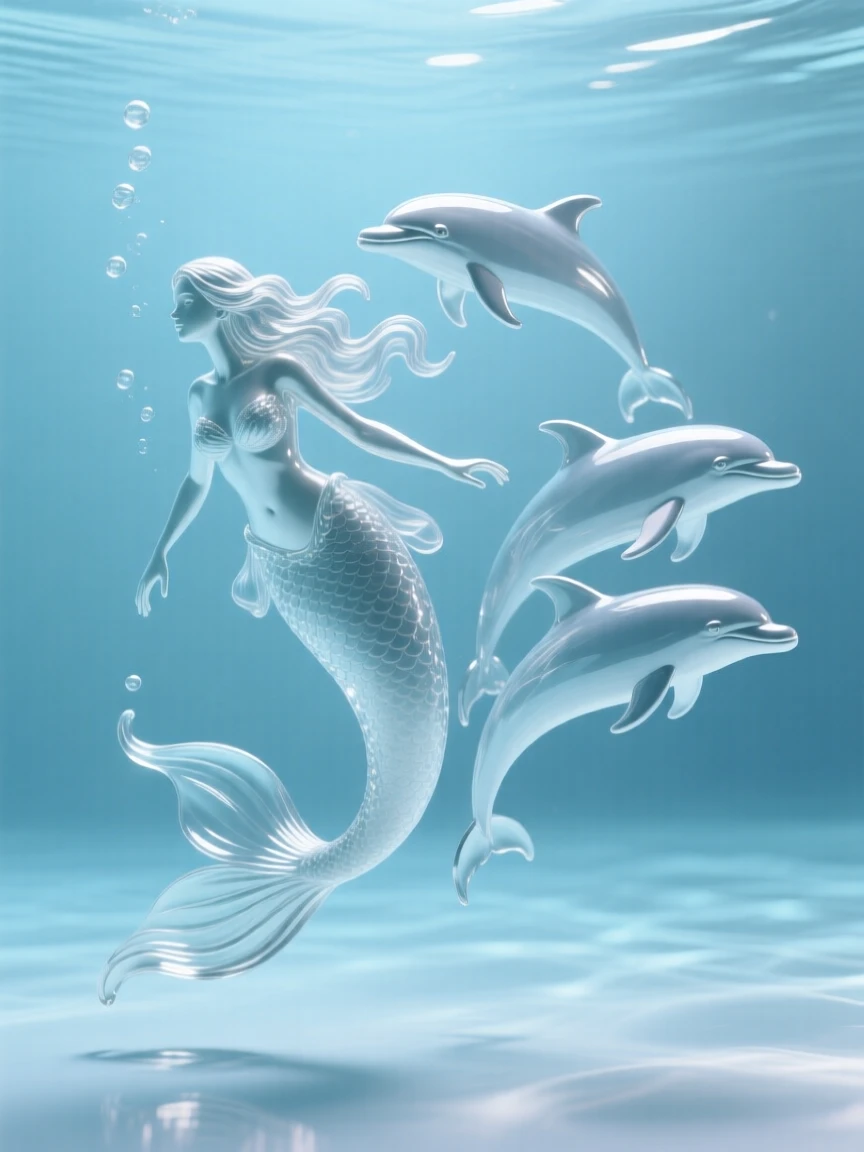 A mermaid swimming alongside a pod of dolphins while the wind carries a faint, otherworldly song