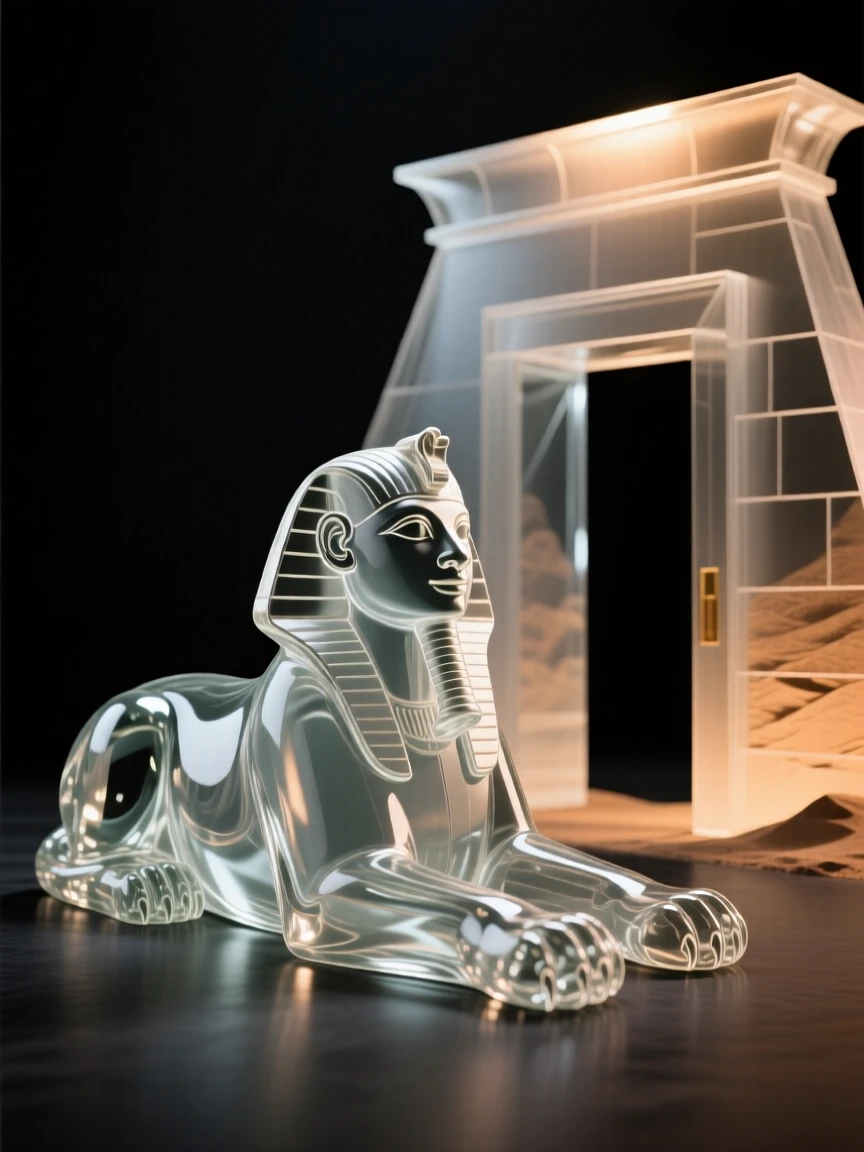 As embers rise and drift into the night sky, a sphinx resting before the entrance to a hidden desert temple