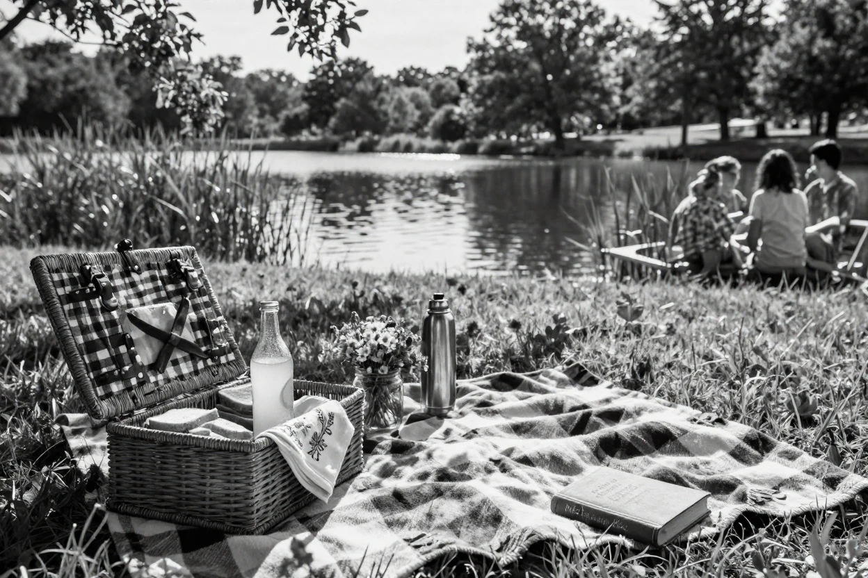 A summer picnic spreads across a sunny green meadow beside a quiet lake.