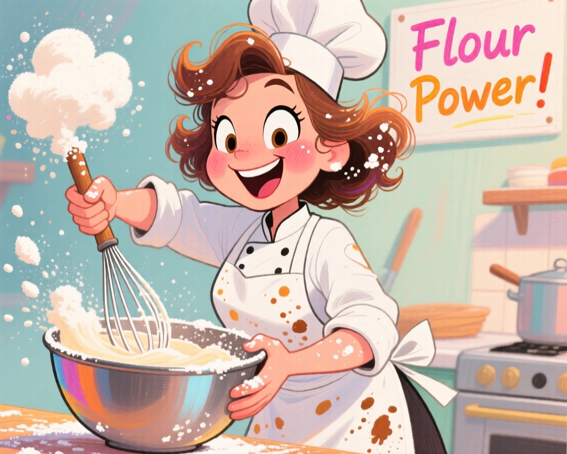 A pastry chef whisking a bowl of batter with flour dusted across her apron.