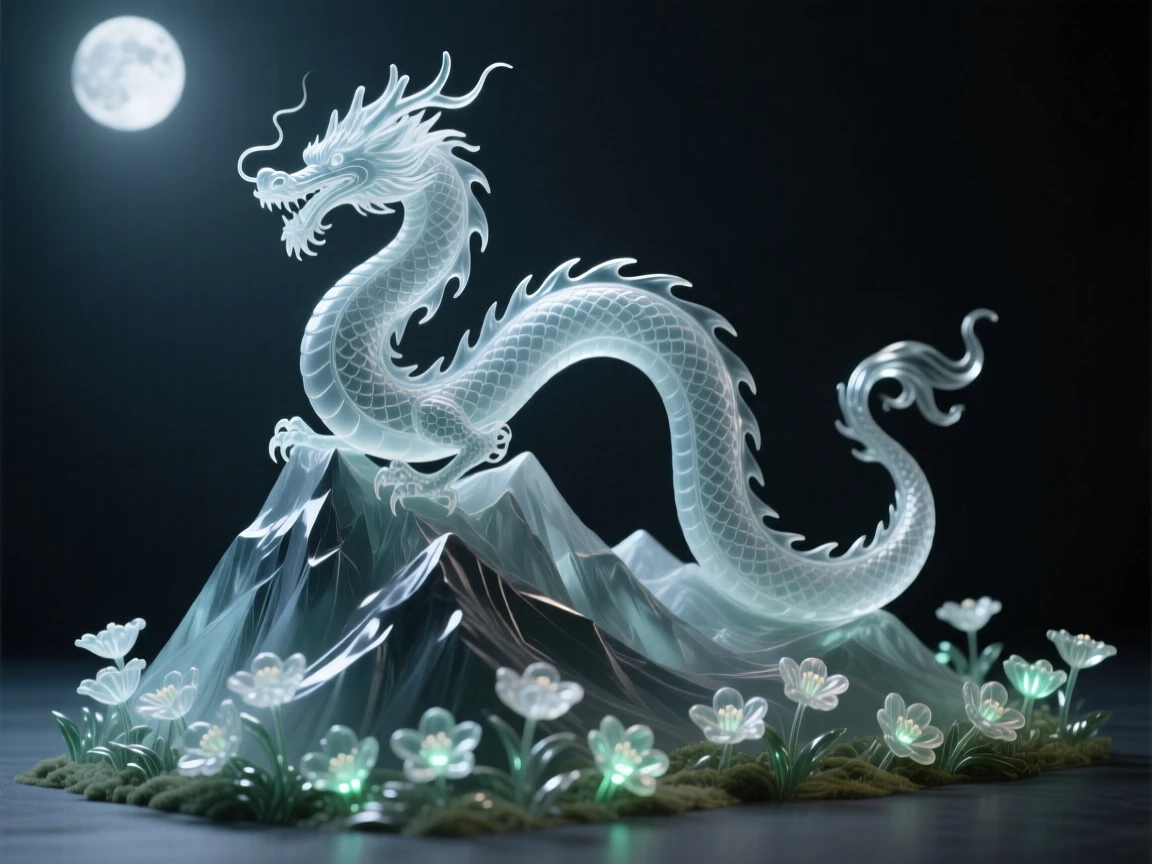 A dragon coiled along the spine of a mountain ridge, as moonlight spills across a field of glowing flowers