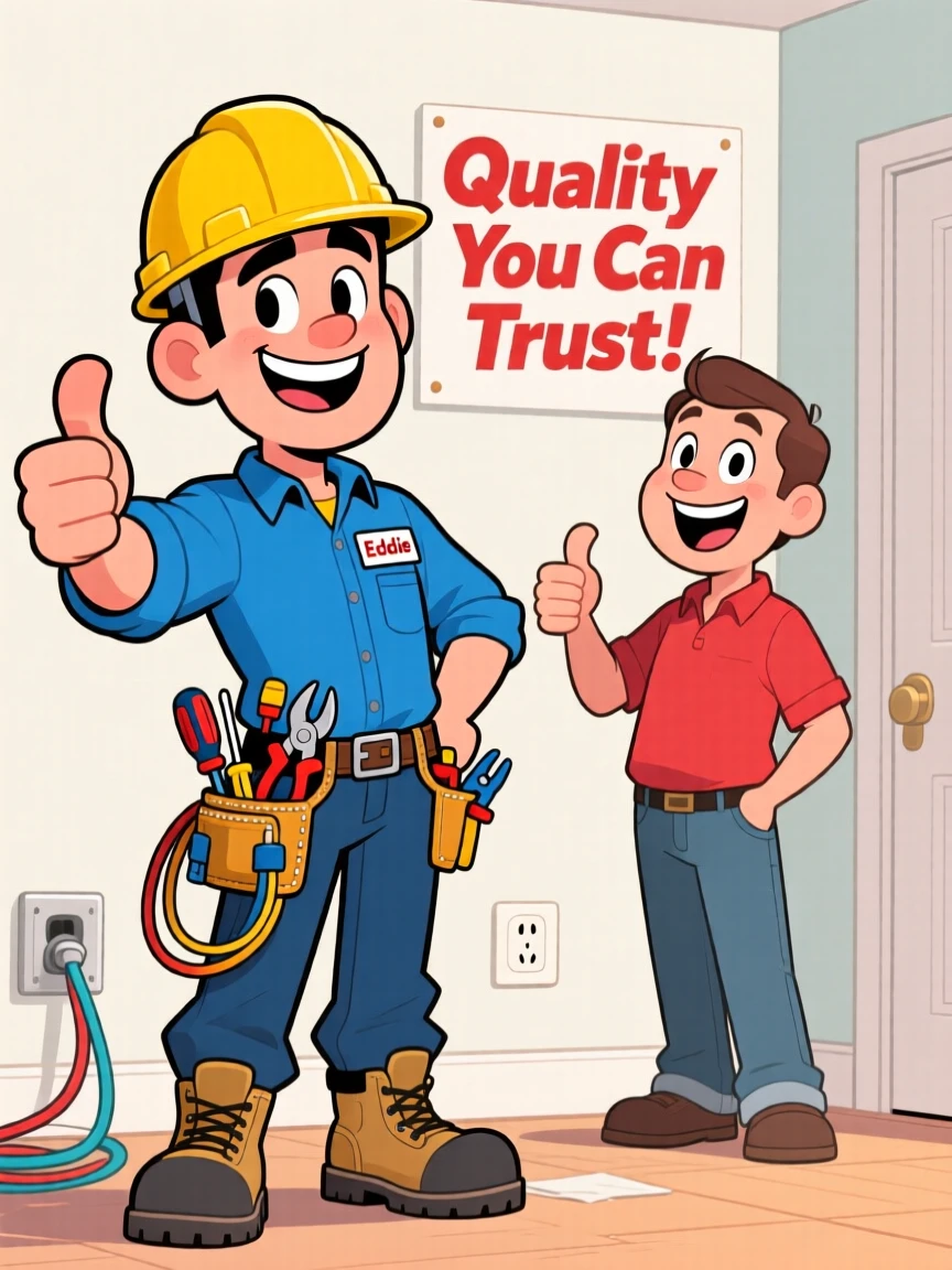 A vibrant profession-themed portrait of a skilled electrician pausing to pose confidently for the camera, with a satisfied customer nearby.