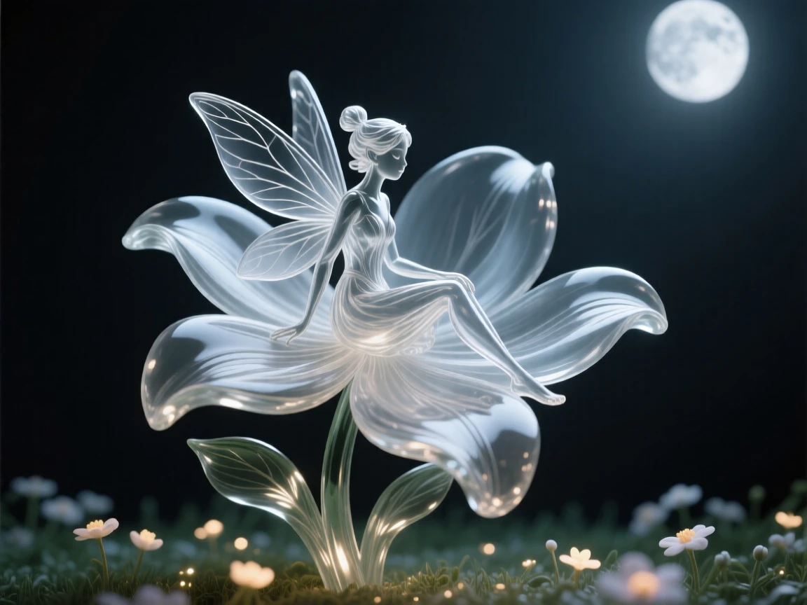 A fairy resting on the petal of an oversized flower, as moonlight spills across a field of glowing flowers
