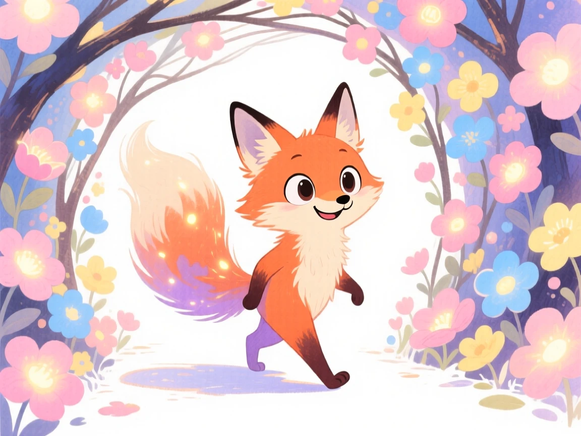 A shapeshifting fox spirit walking through a tunnel of blooming glowing flowers