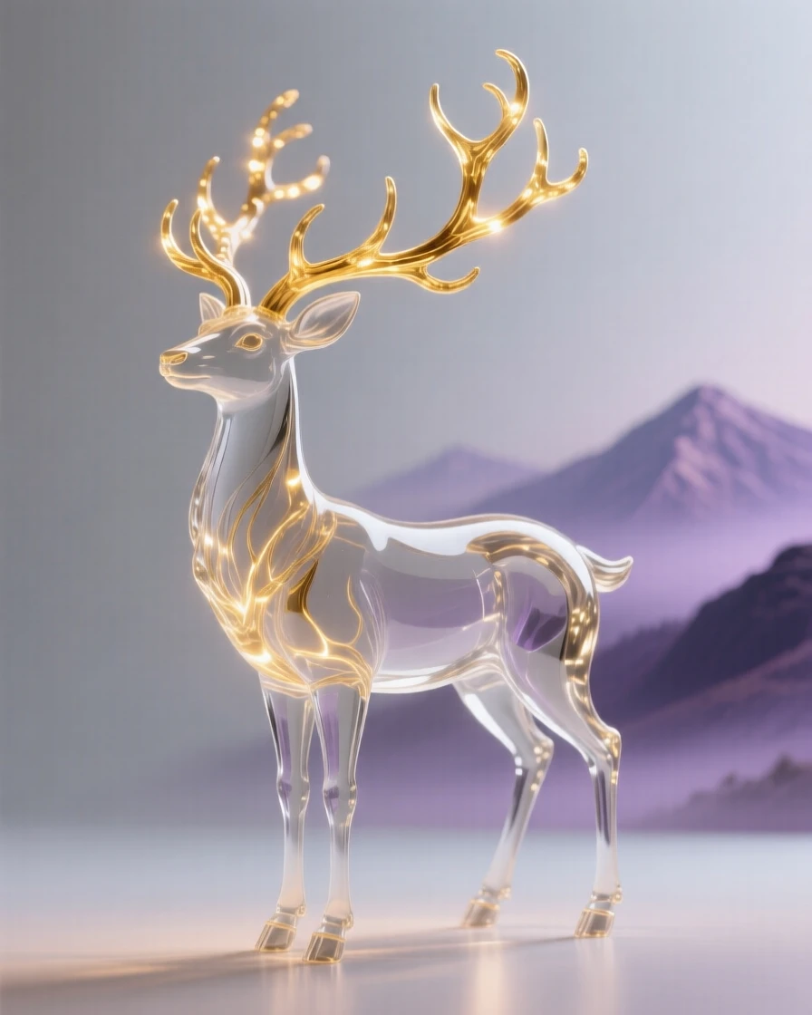 With distant mountains fading into a purple mist, a mythical stag with antlers made of branching golden light