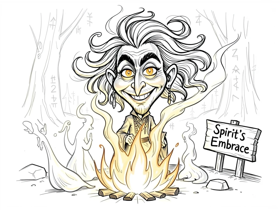 [Fantasy & Imaginative Scenarios] Imaginative fantasy scene of a mystical shaman communing with spirits around a glowing fire, brimming with wonder
