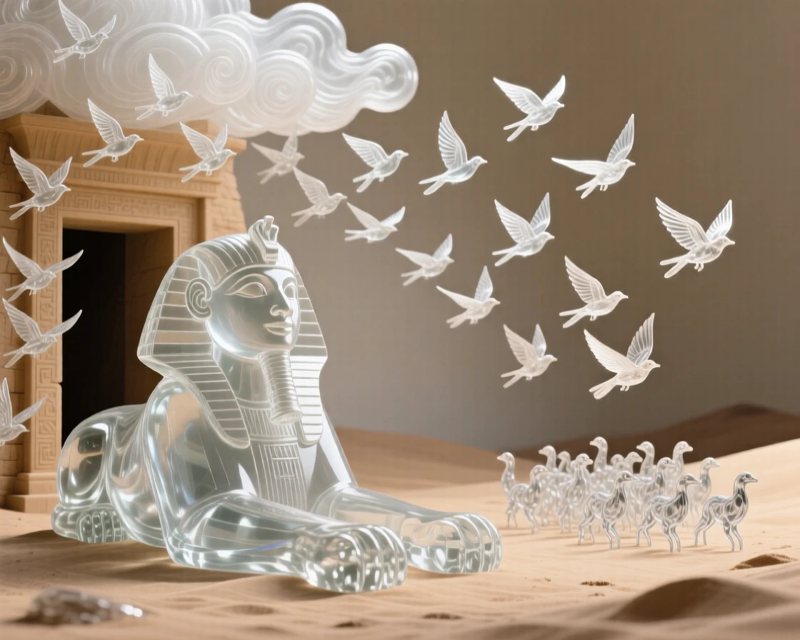As hundreds of birds circle through the surrounding clouds, a sphinx resting before the entrance to a hidden desert temple, while a flock of smaller creatures scatters into flight