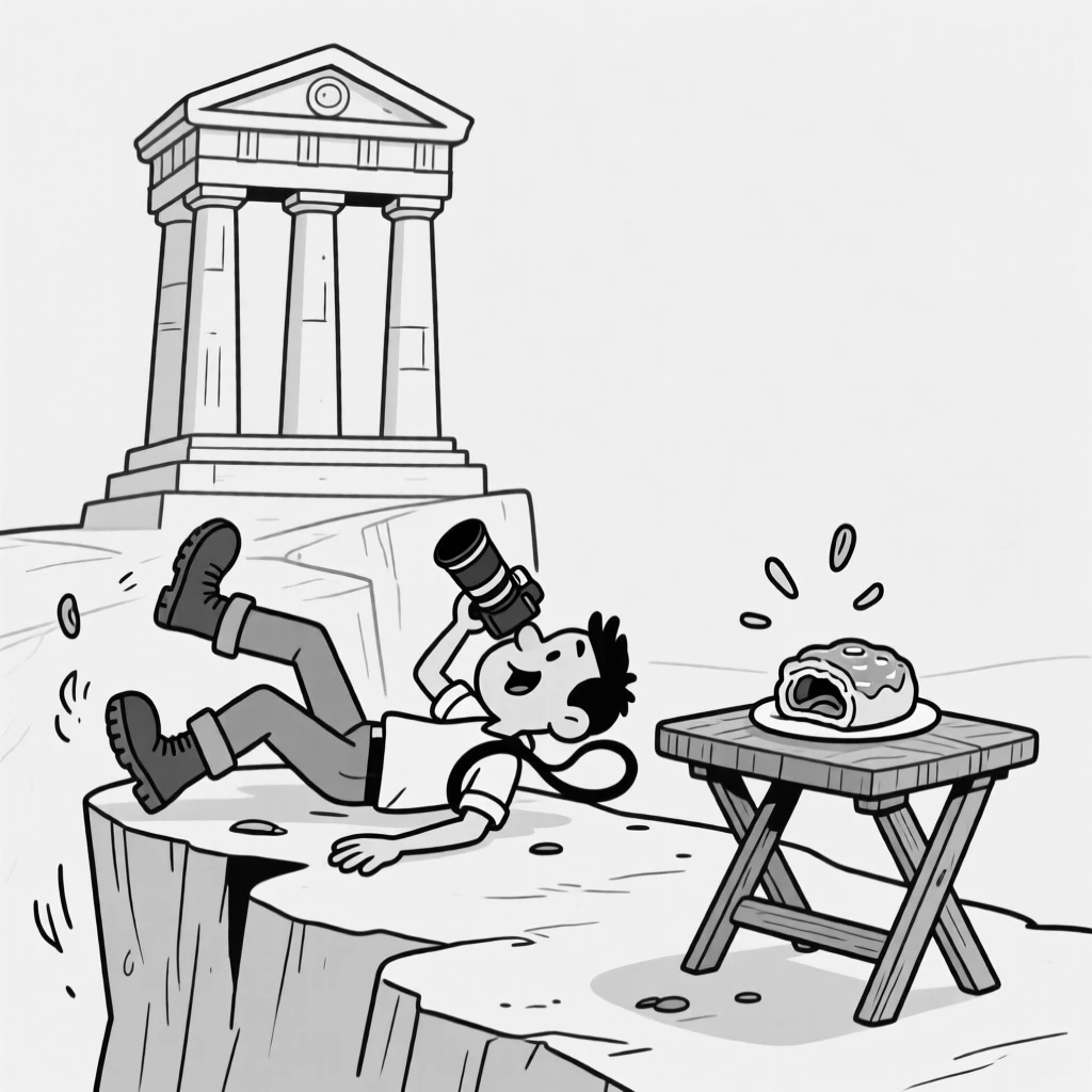 A photographer nearly toppling over a cliff for the perfect shot, sprawled flat on the ground, boots still on, set in front of a towering ancient monument. A half-eaten pastry balances precariously on the table's edge. The scene captures the giddy chaos of exploring somewhere new.