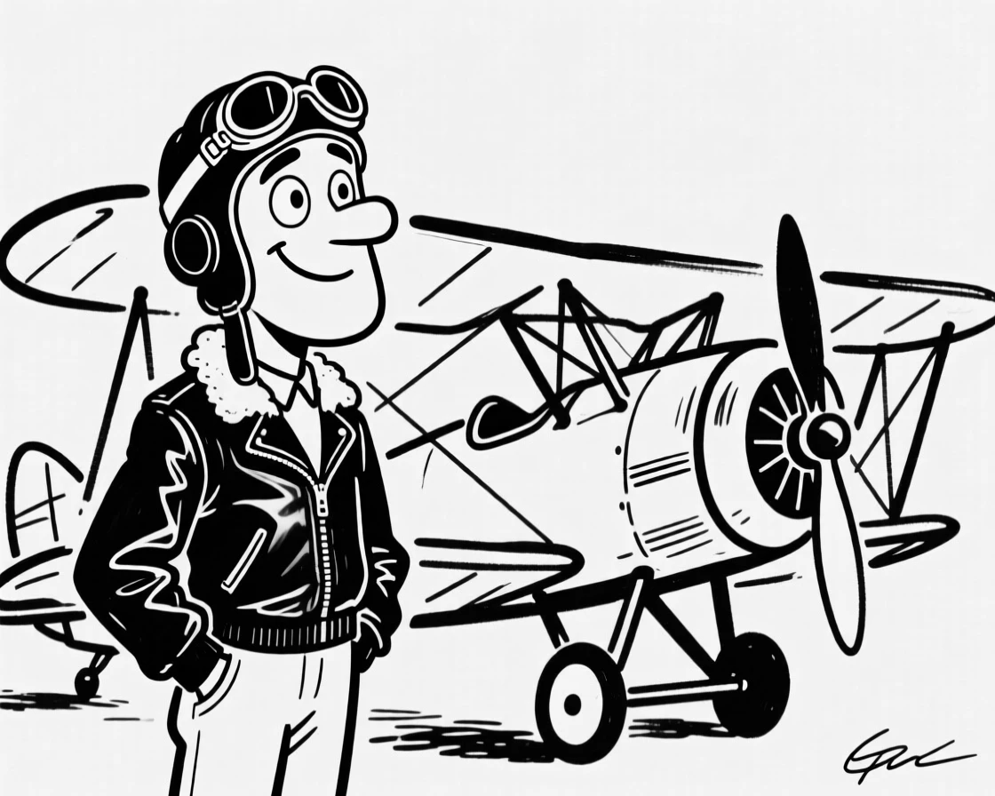 A vintage pilot standing beside a classic biplane, leather jacket and goggles on.