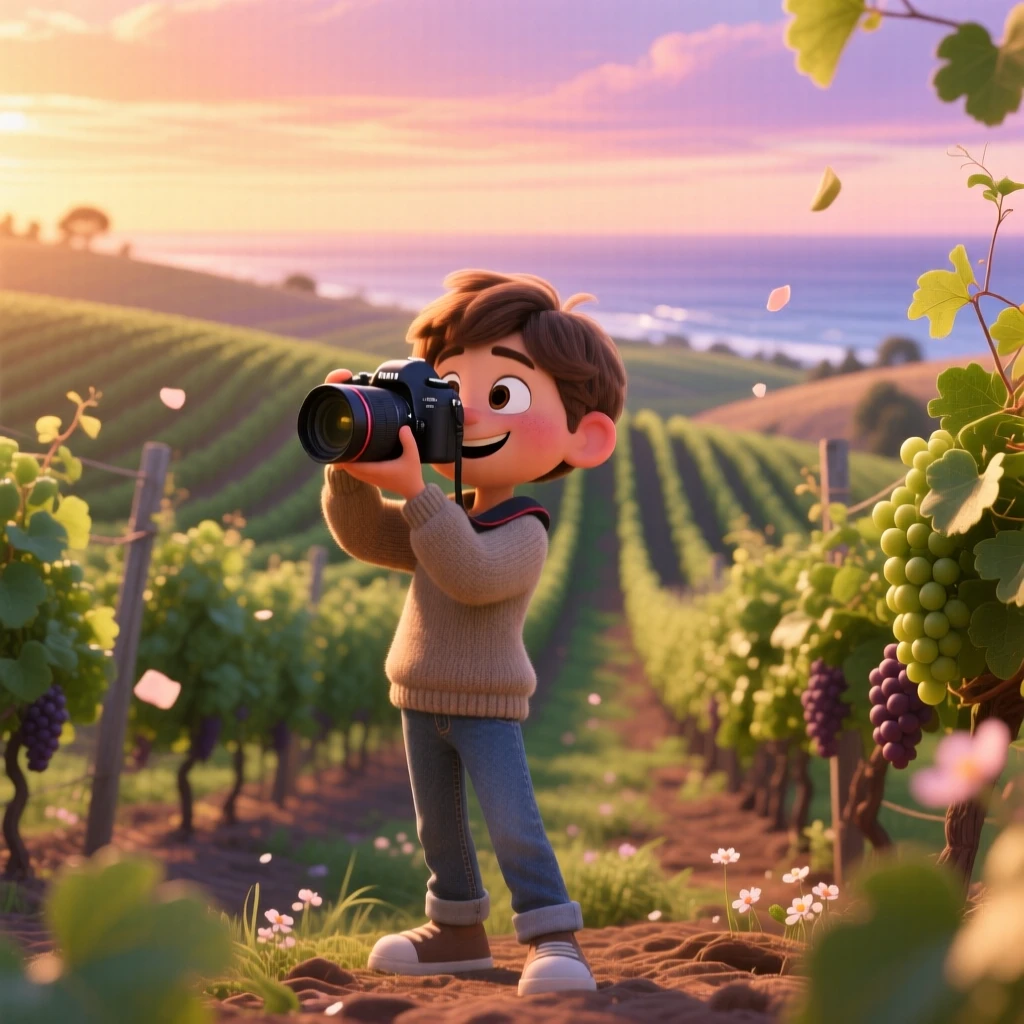 A photographer studying the horizon stands in a vineyard with rows stretching into the distance, snapping a photo of the breathtaking landscape. A sense of wonder and freedom fills the moment, with the scent of salt air carried on the wind.