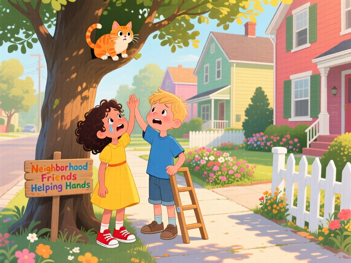 In a quiet neighborhood sidewalk, two children from different backgrounds bond over rescuing a kitten stuck in a tree, with tears turning quickly into laughter.