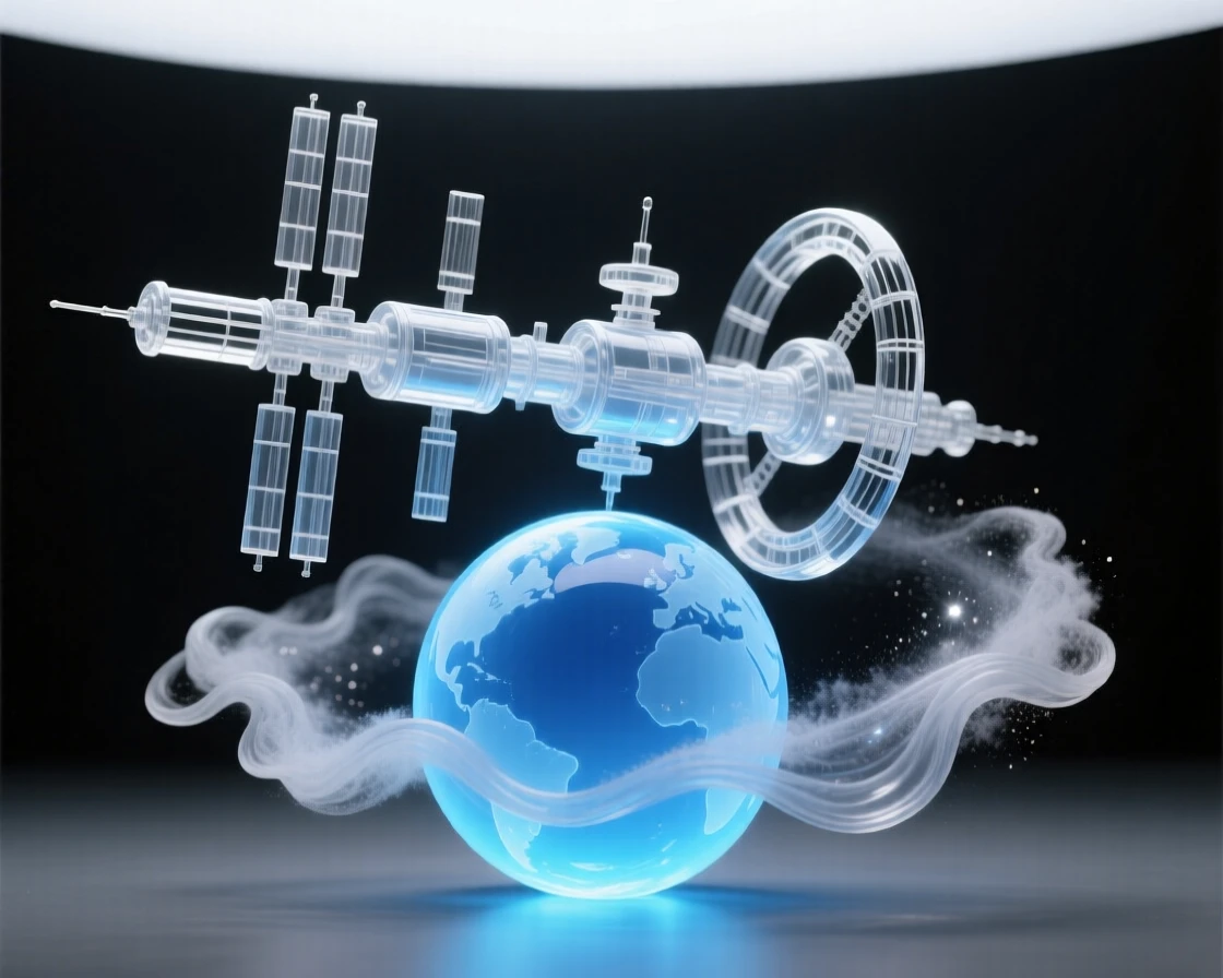 A space station orbiting slowly above a glowing blue planet, as swirling clouds of cosmic dust drift nearby