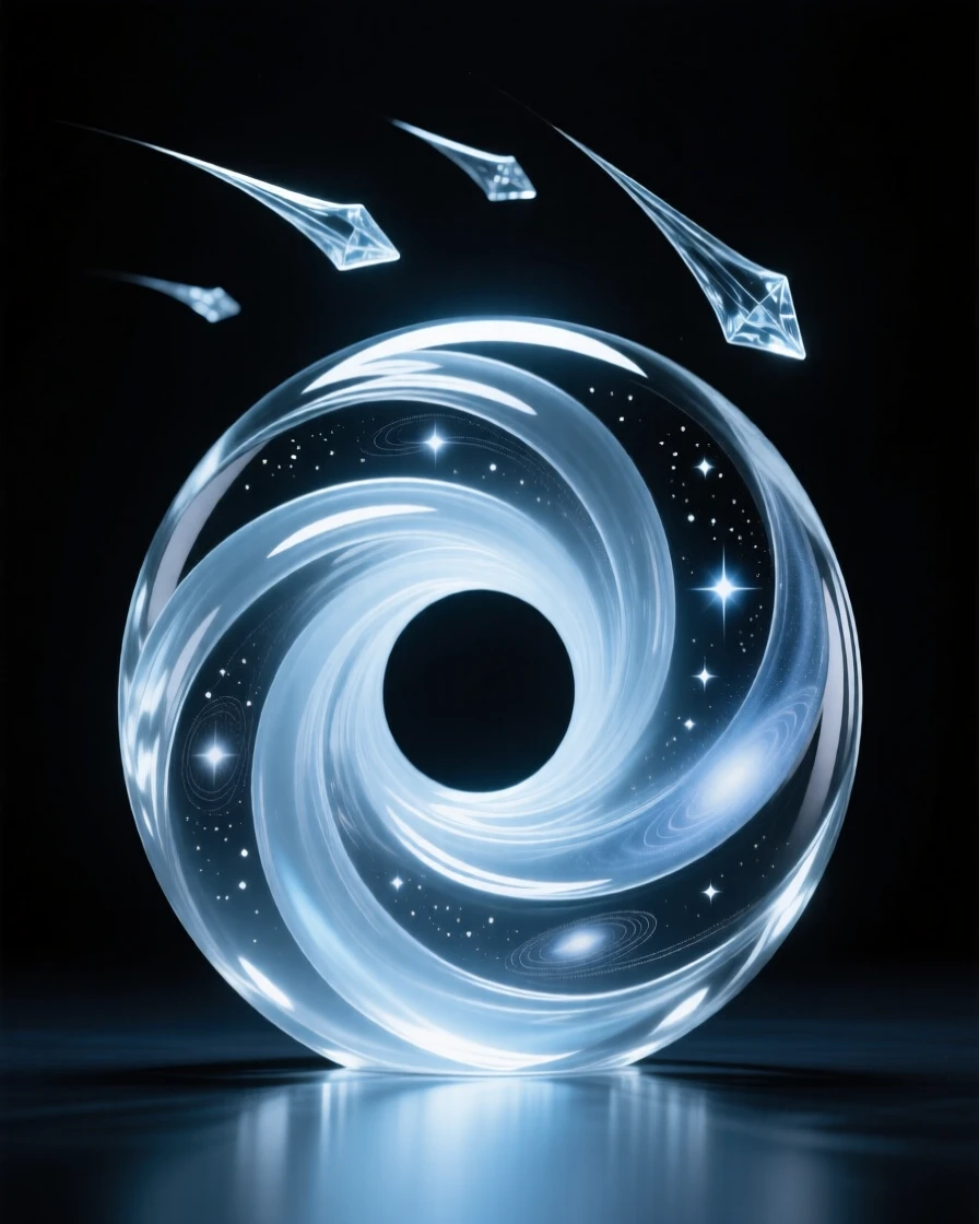 A wormhole spiraling open amid a field of distant galaxies beneath a sky filled with slowly drifting comets