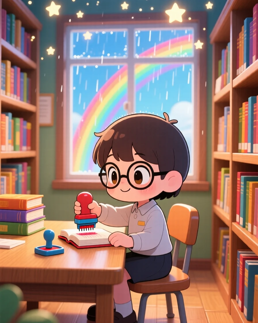 A small librarian stamping books at a wooden desk, framed as a waist-up portrait within a cozy library corner, under a rainbow after the rain, glowing under sparkling starlight, evoking brave confidence.