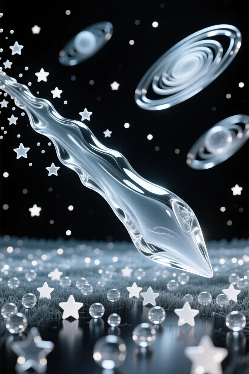 A comet streaking across a field of distant stars while distant galaxies spiral slowly in the background