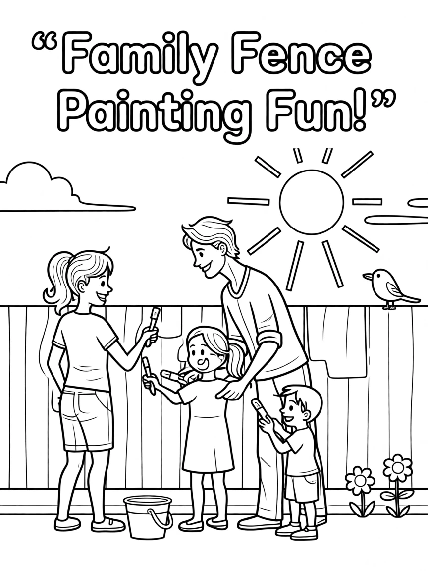 A family painting a fence together on a sunny day