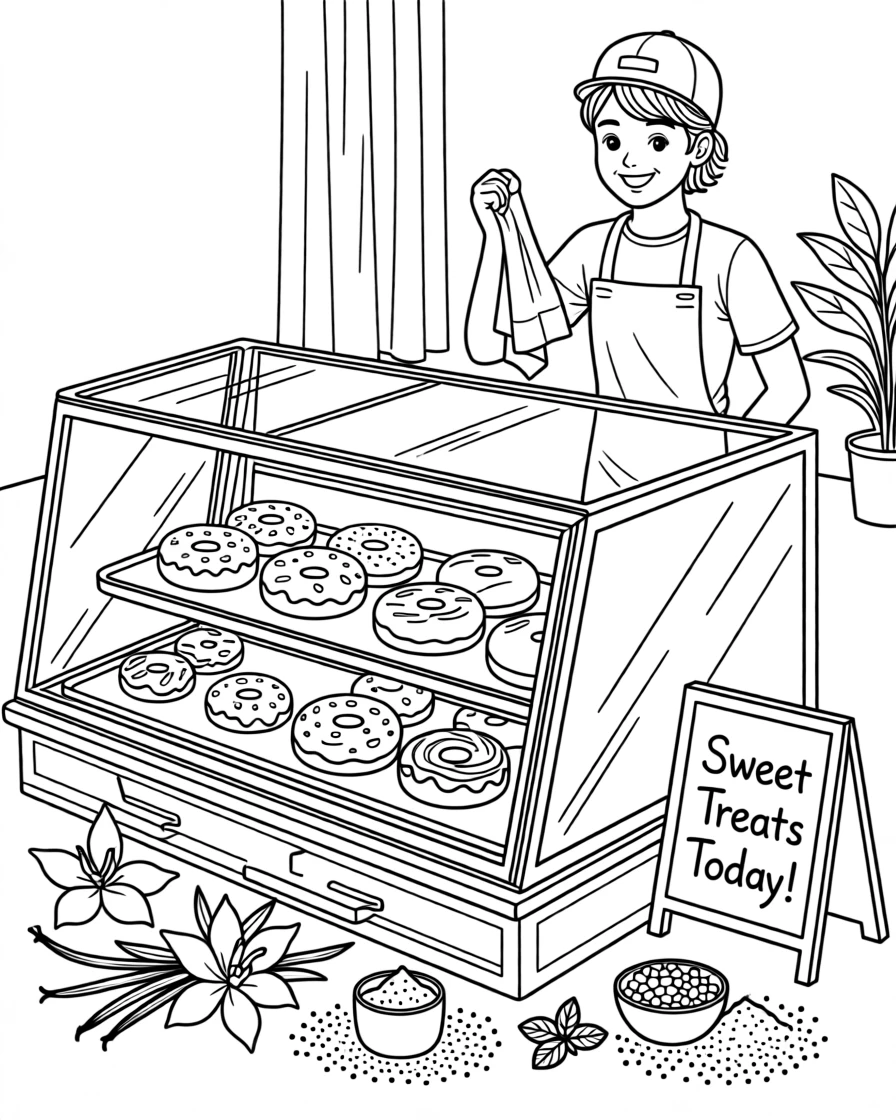 A donut display case filled with glazed and sprinkled varieties, with fresh ingredients scattered artfully around it.