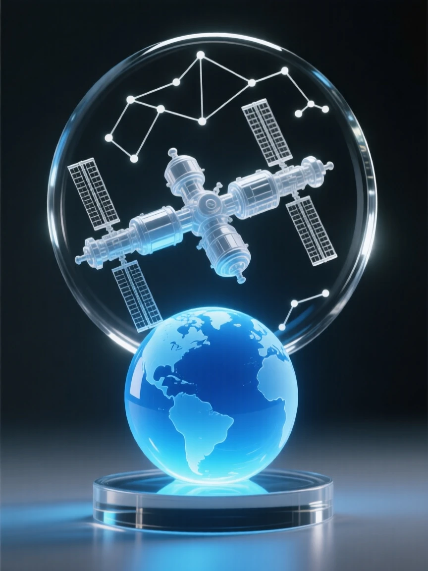 A space station orbiting slowly above a glowing blue planet, with constellations tracing ancient shapes overhead