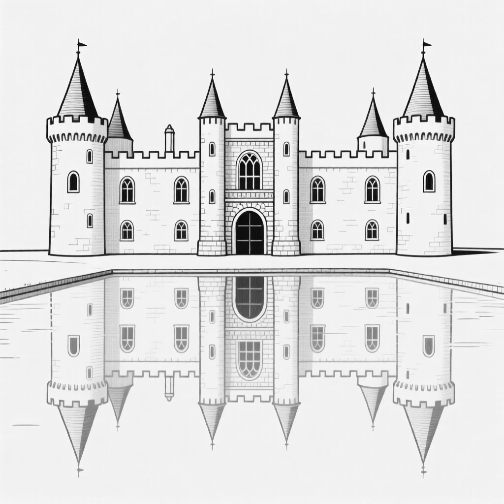 A castle reflected perfectly in its surrounding moat