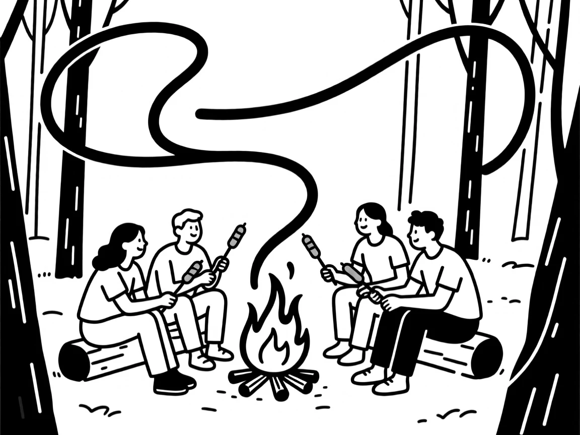 A group of friends roasting hot dogs over a campfire in the woods.