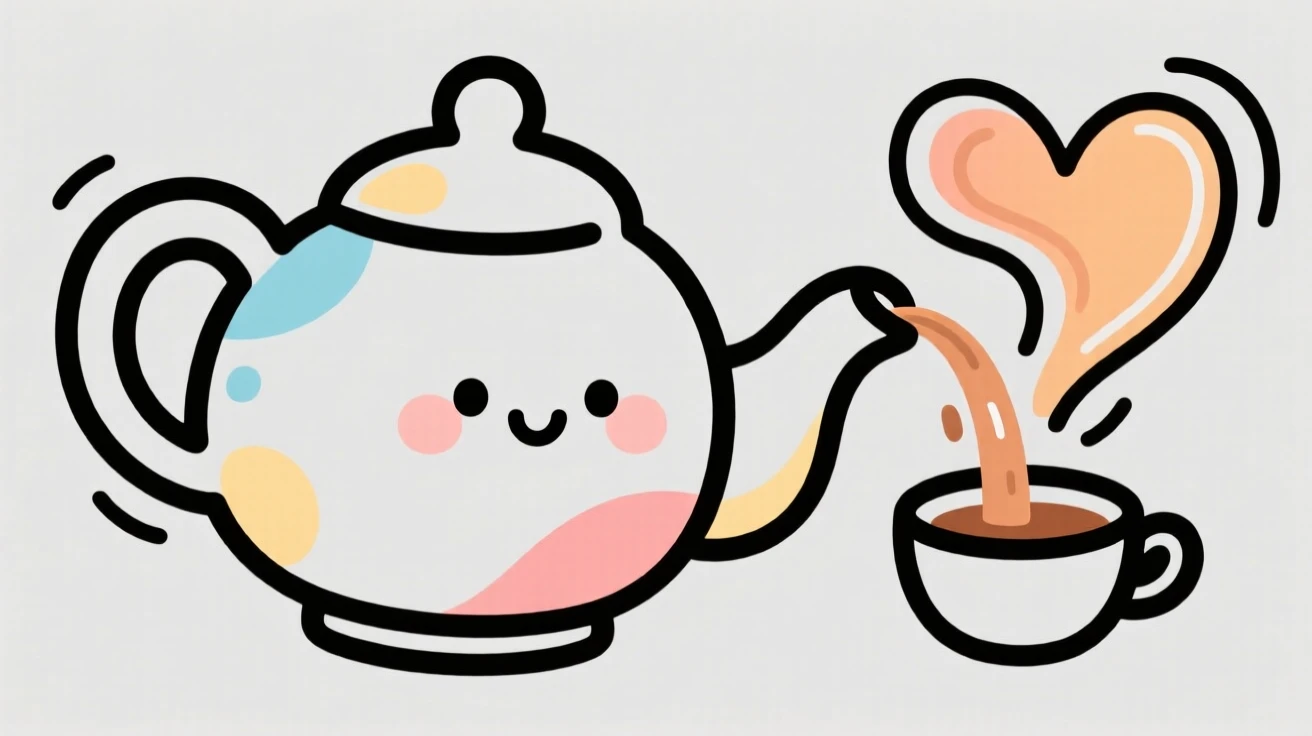 A cute cartoon teapot pouring a heart-shaped stream of tea.