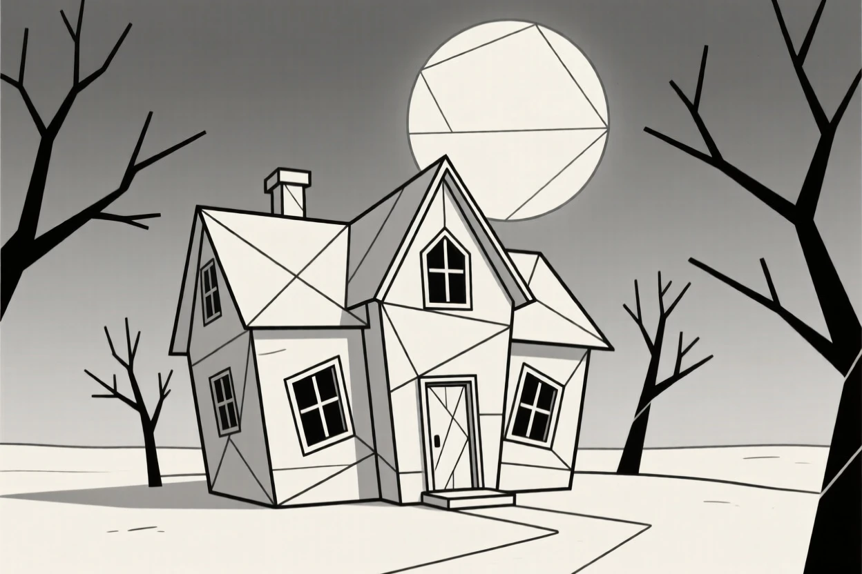 A Halloween scene with a haunted house under a full moon