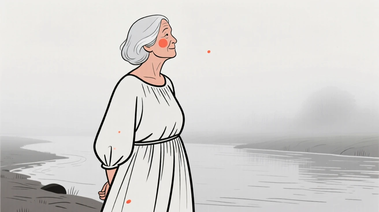 A silver-haired woman of Italian heritage in a flowing bohemian dress, looking hopeful toward the horizon, on a misty riverbank.