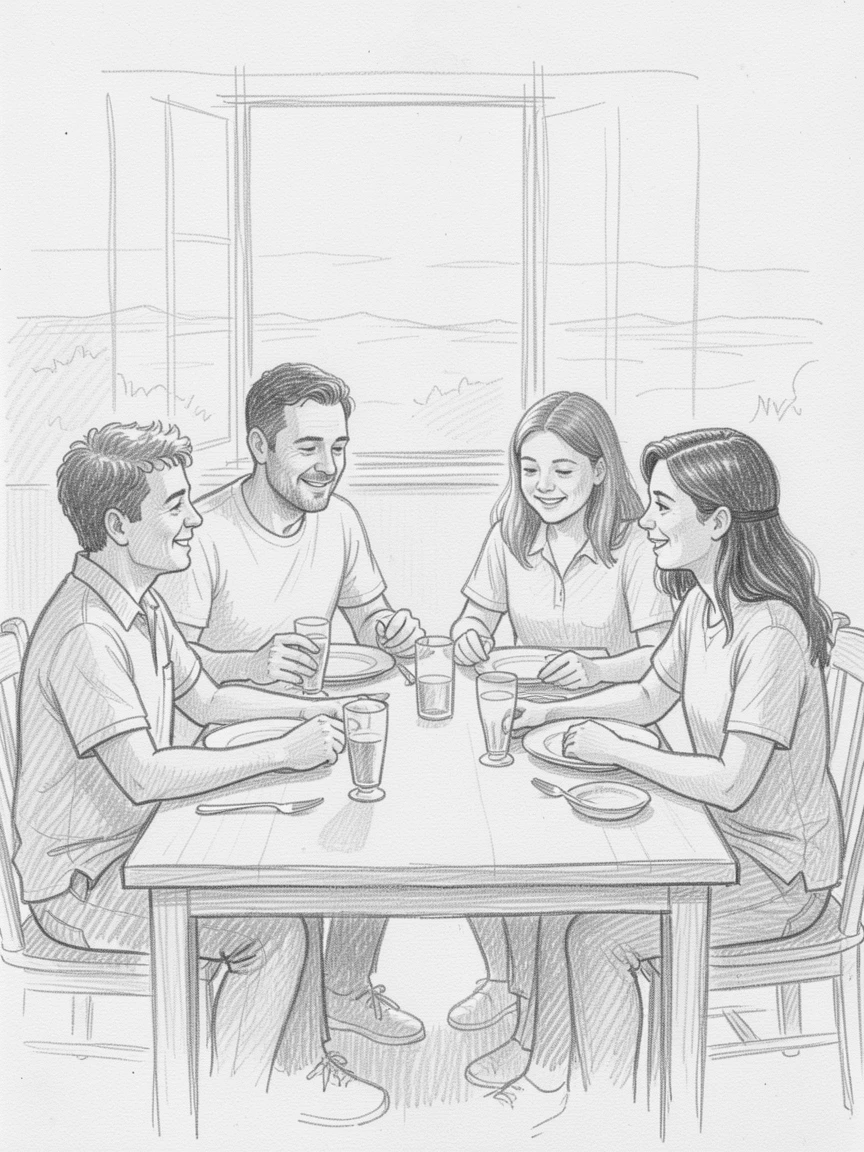 An emotional scene of a family gathered around a dinner table during a warm summer evening, full of gentle affection.