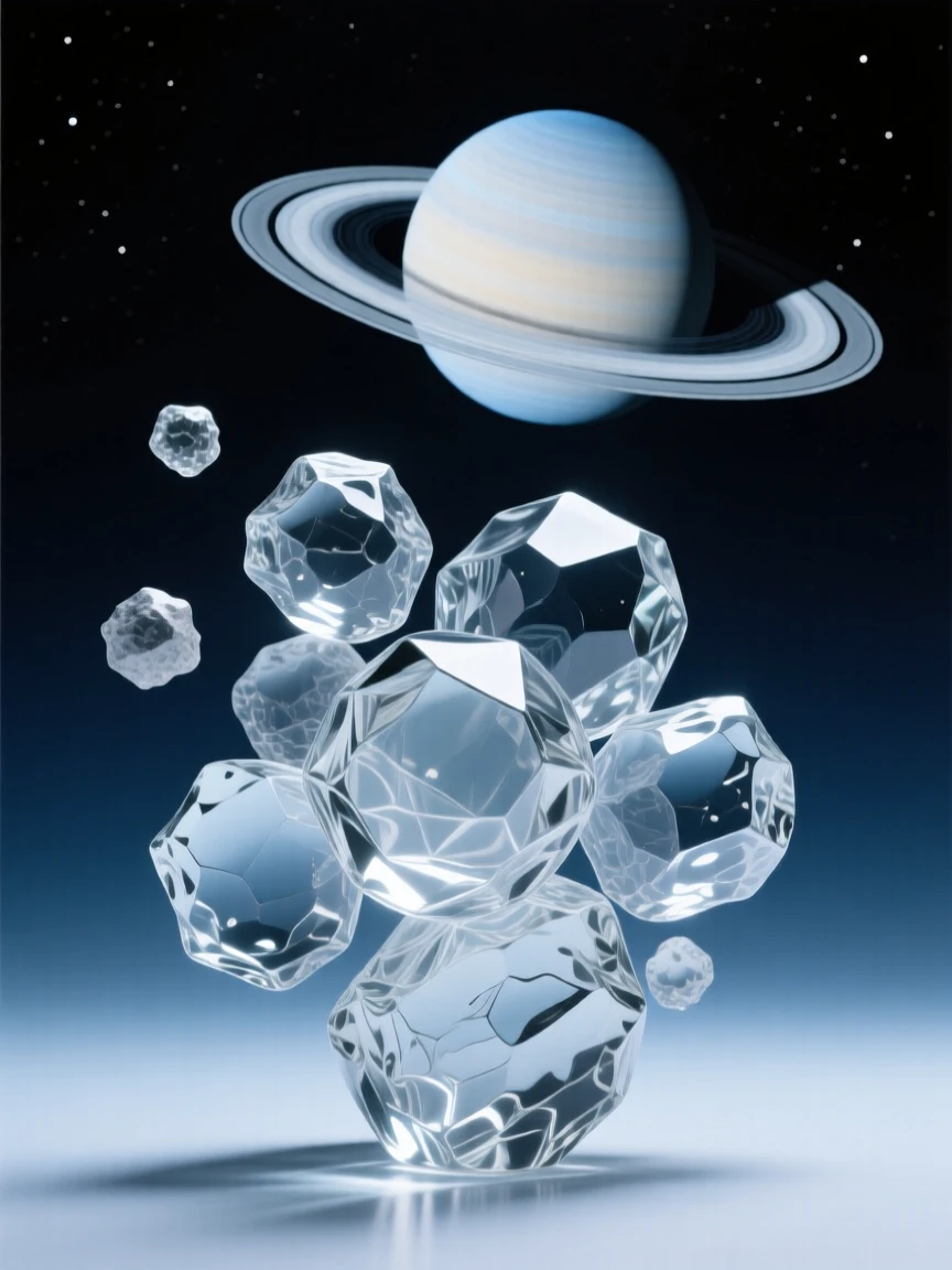 Surrounded by countless stars scattered across the void, a cluster of asteroids drifting past a distant ringed world