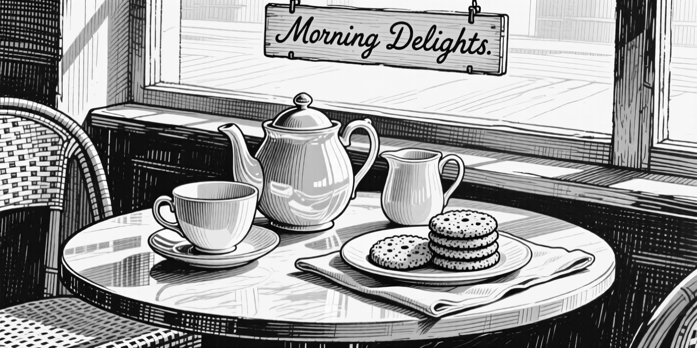 A tea set with a plate of biscuits set in a sunlit cafe window, with sunlight catching the glossy surface, presented in an indulgent and delightful culinary still life.