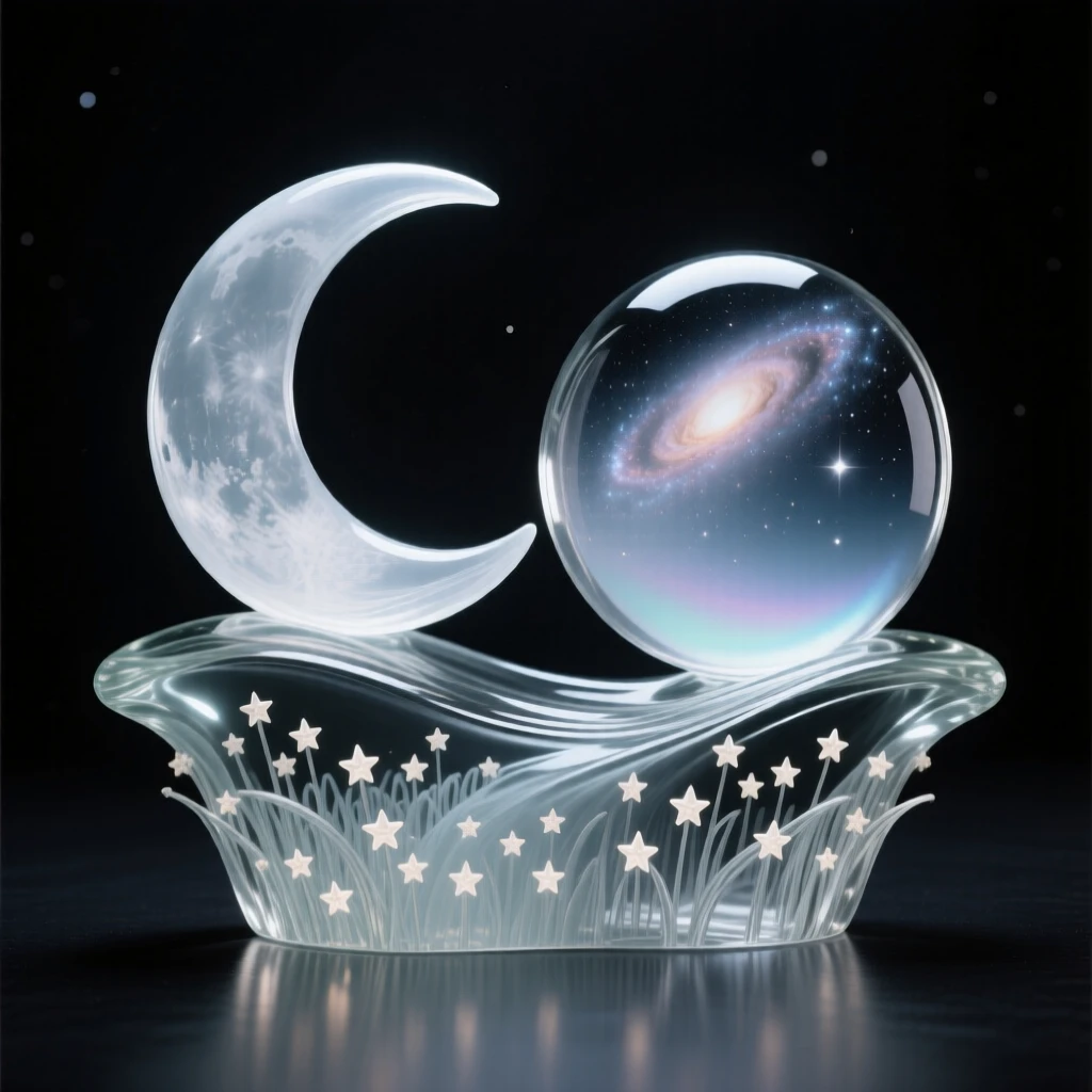 Twin moons rising together over a field of stars, with a distant galaxy glowing faintly on the horizon