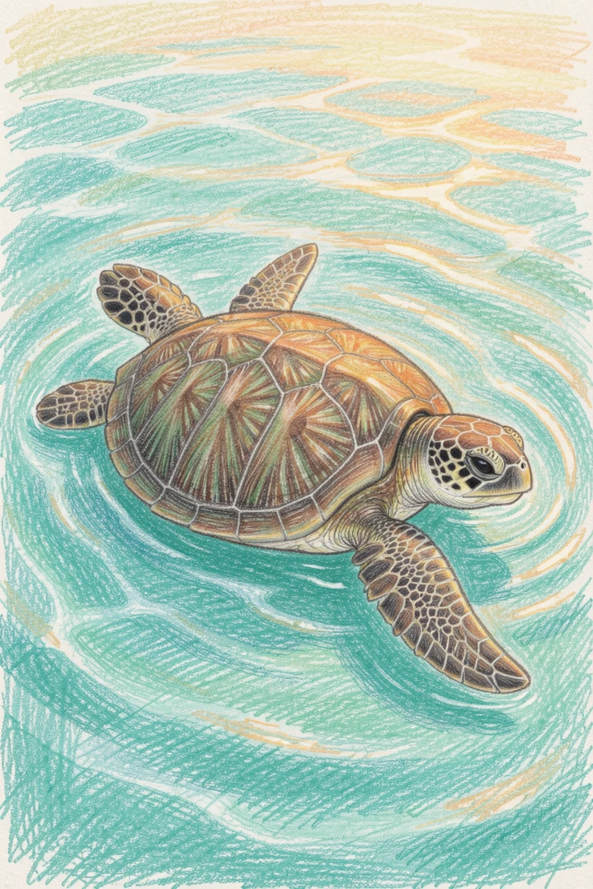 A sea turtle gliding gracefully through clear turquoise water, bathed in the warm glow of golden-hour light, evoking nostalgia and a deep sense of contentment.