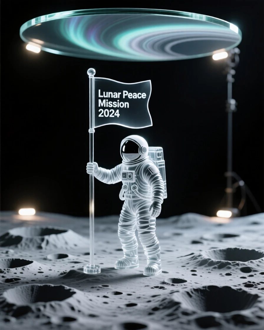 A lone astronaut planting a flag on a cratered lunar surface, as auroras ripple across the upper edge of a planet