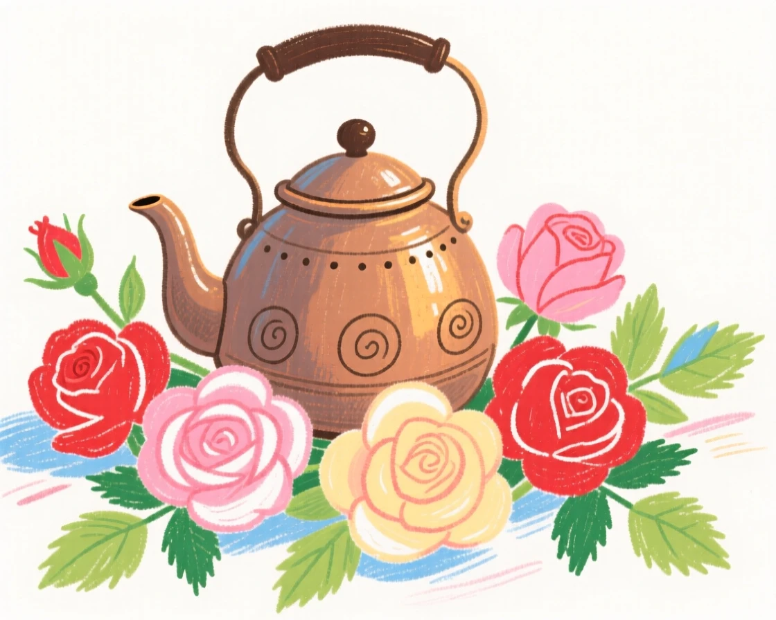 An antique teapot surrounded by fresh cut garden roses.