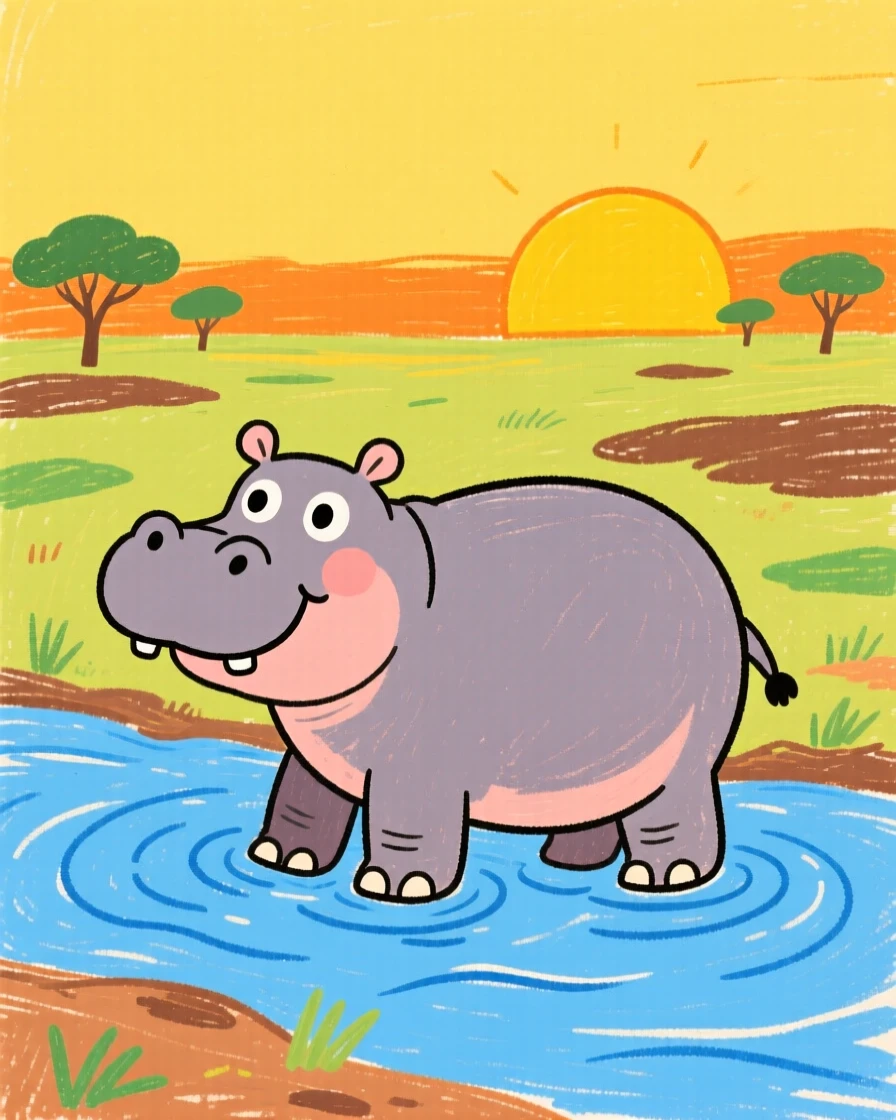 A hippopotamus wading in a river at golden sunset on the African plains.